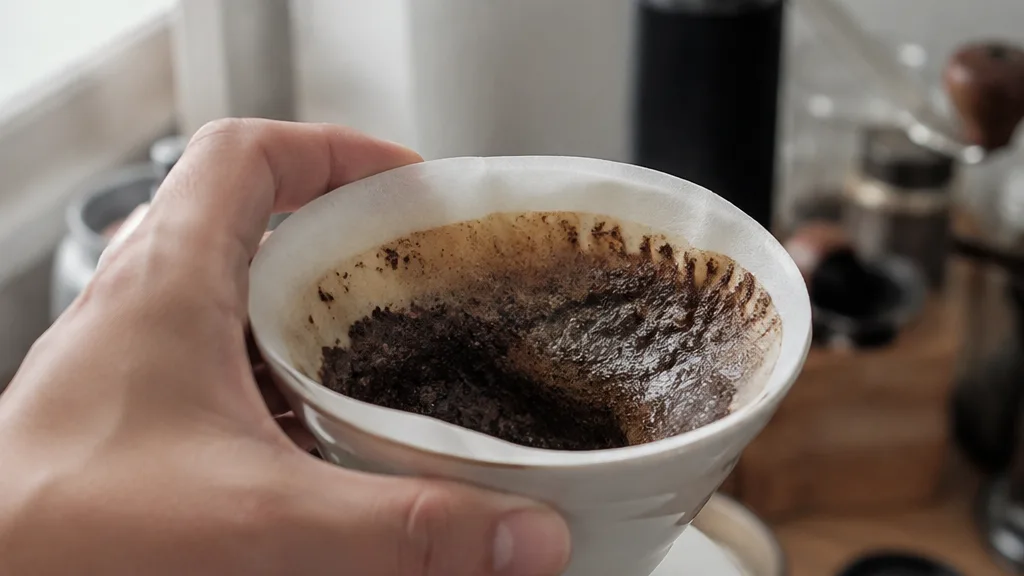 A brewer inspects an uneven coffee bed as the last drops fall, revealing a possible flow problem.
