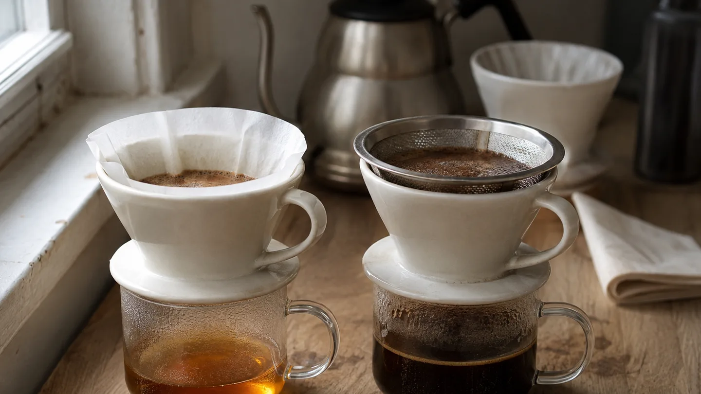 Two matched brews show how paper makes a cleaner cup while metal leaves a fuller, slightly cloudy texture.