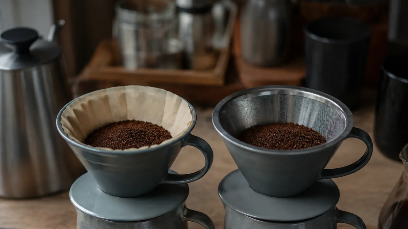 Two matching drippers hold equal coffee doses, one with a paper filter and the other with a metal filter.
