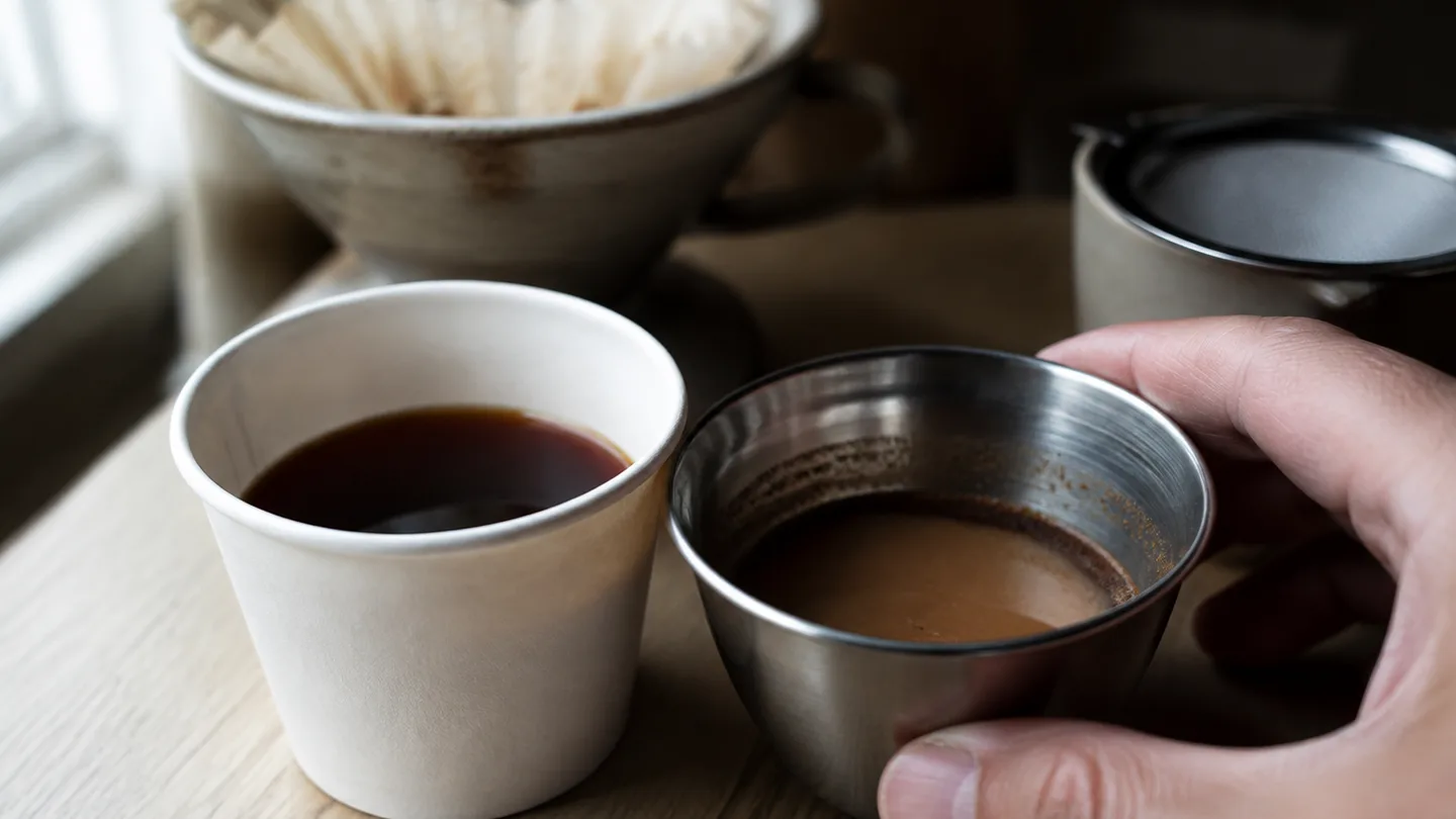 Two plain cups compare clear paper-filtered coffee with sediment settled in a metal-filtered brew.