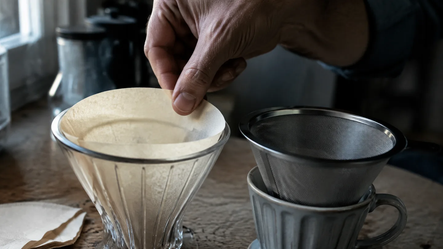 A hand compares a paper filter in a tall glass brewer with a metal cone in a ceramic dripper.