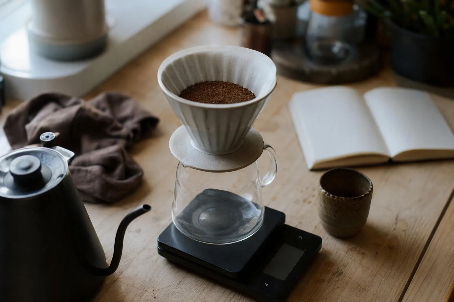 Measured coffee grounds sit in a dripper on a scale beside prepared water, ready for the first pour.