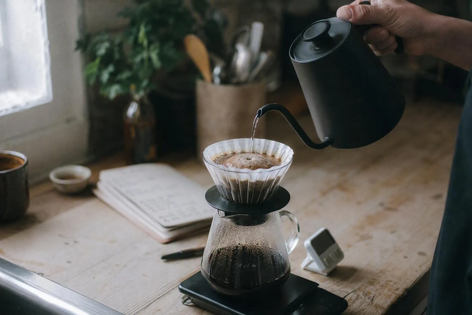 A hand guides a thin stream of water evenly across the coffee bed after the bloom.