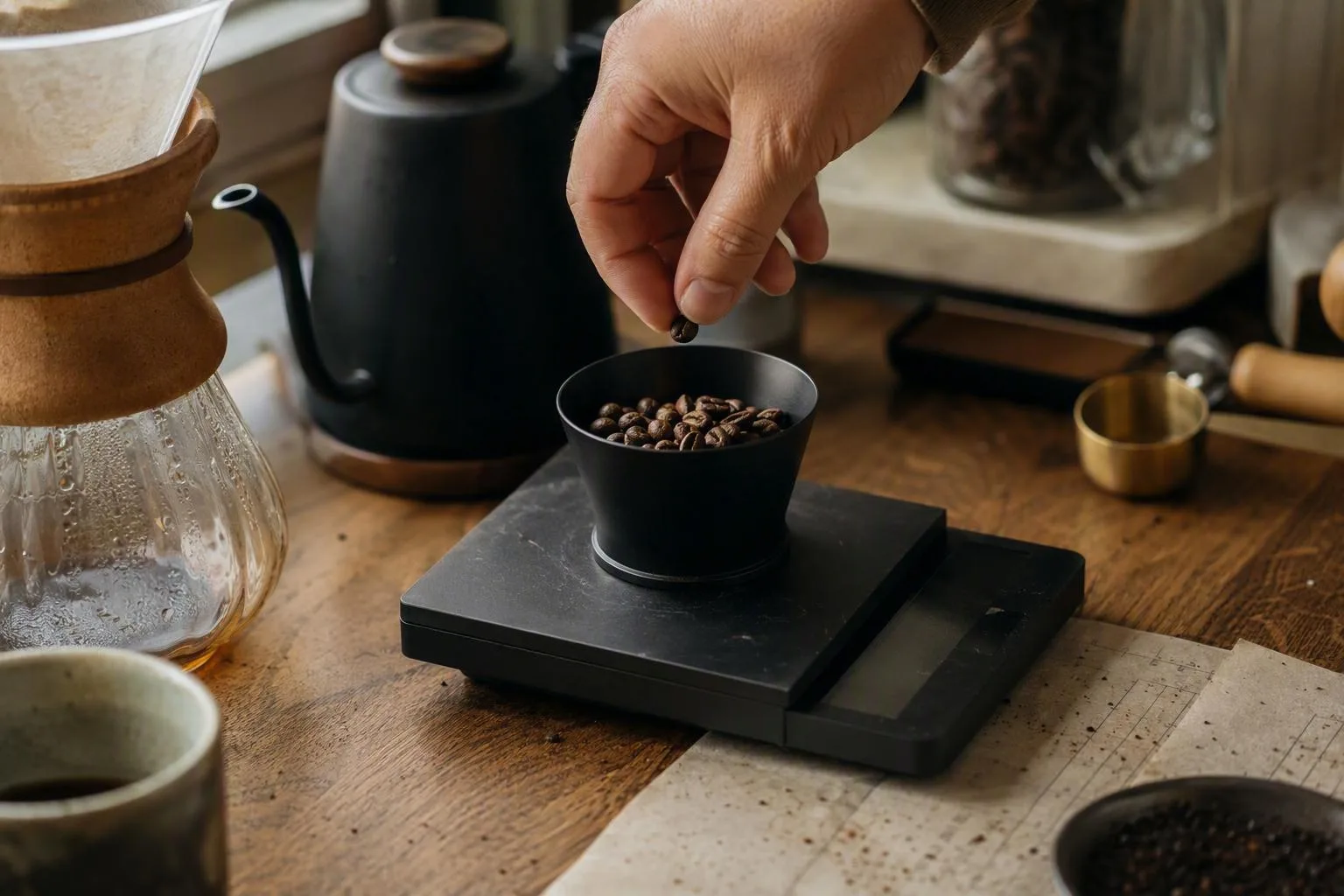 A hand weighs coffee beans on a scale beside a pour-over brewer before brewing.