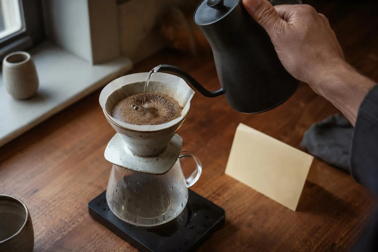 A hand pours water over coffee grounds while a scale supports a careful, repeatable bloom.