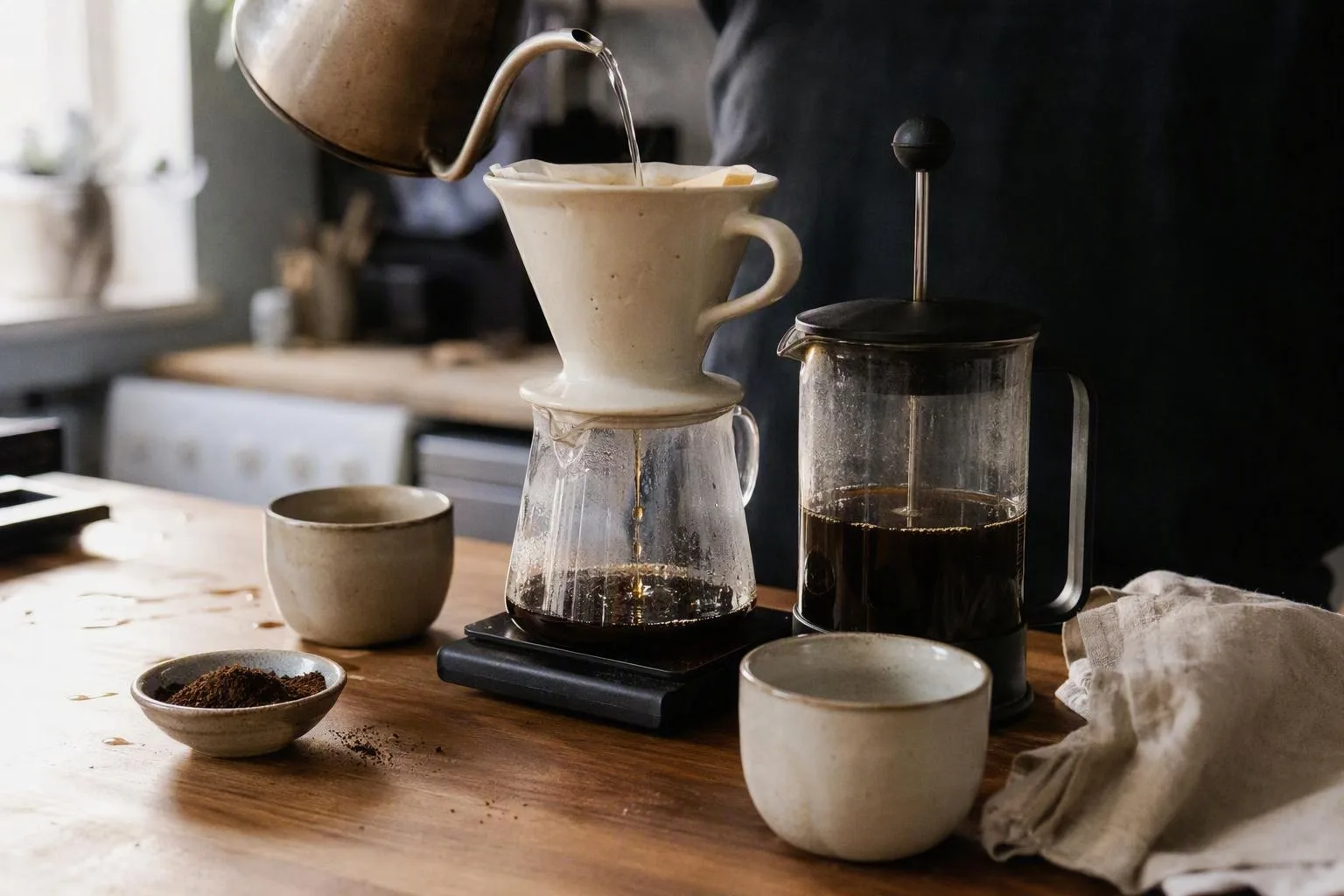 A pour-over brewer and French press sit beside tasting cups, showing the cleaner and fuller coffee choices.