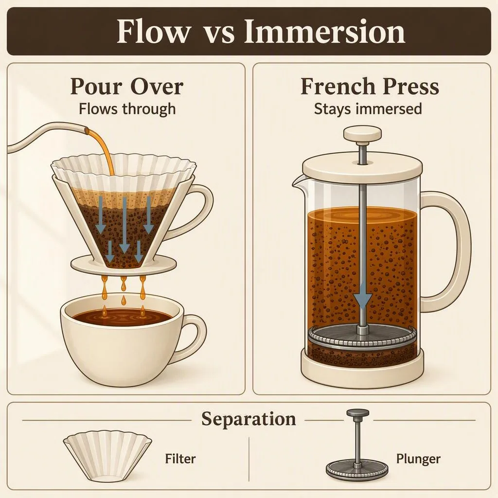 A side-by-side diagram shows water passing through a coffee bed into a cup while a press holds grounds before separation.