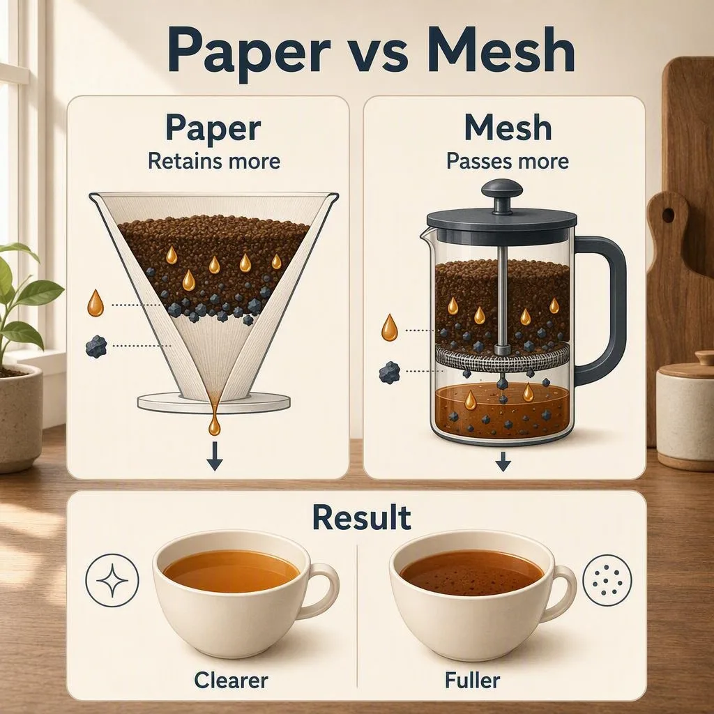 A split diagram shows paper trapping oils and fine sediment while mesh lets more through, creating a clearer or fuller cup.