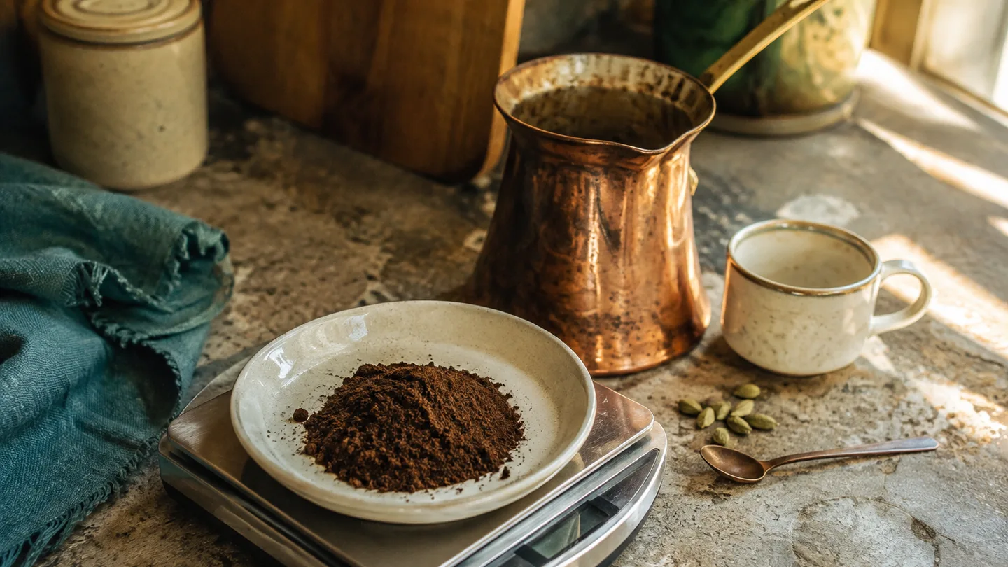 Measured grounds sit beside a small copper pot, showing how one cup begins with control.