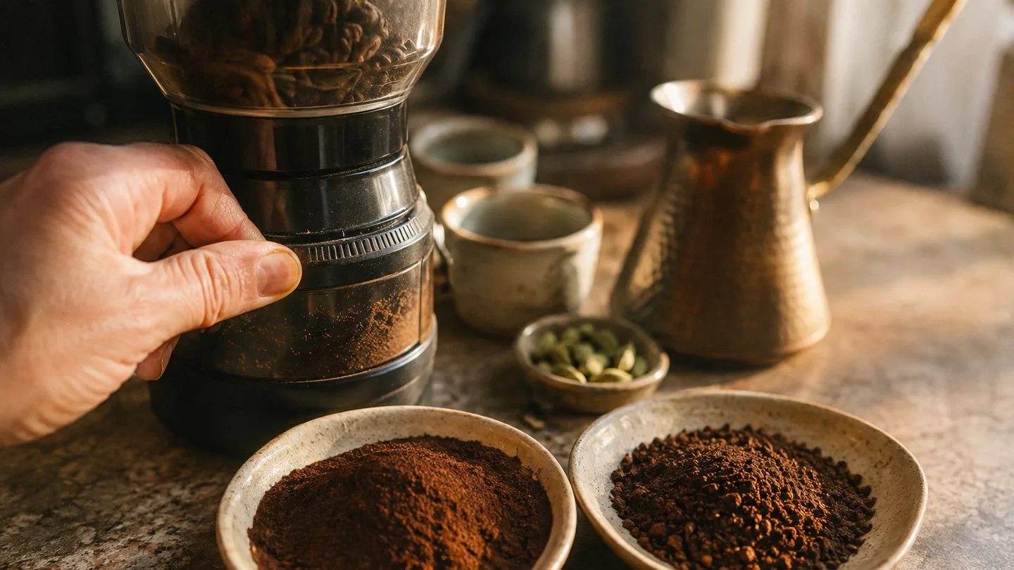 A hand adjusts a burr grinder beside dishes showing the difference between fine and coarse coffee grounds.