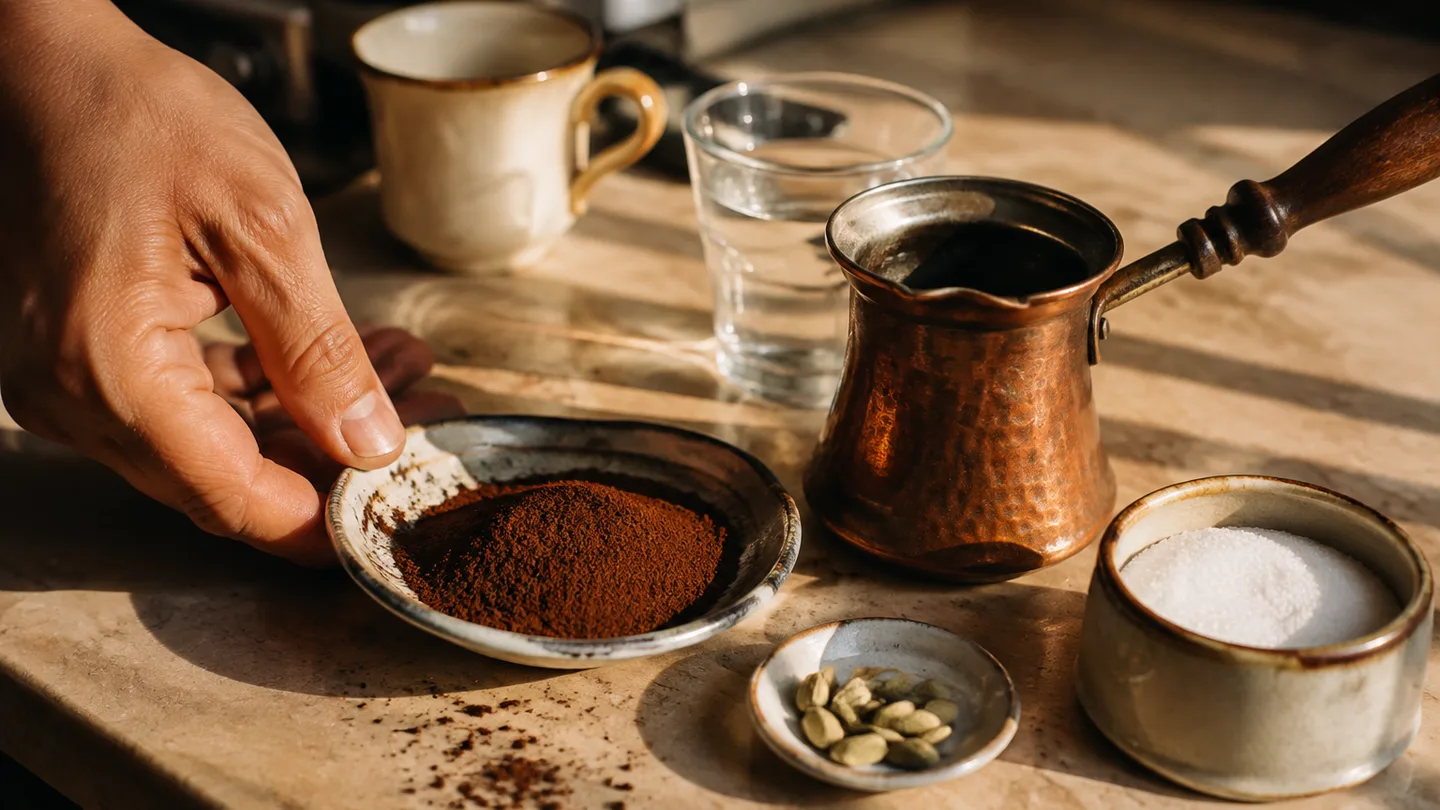 Ground coffee, sugar, cardamom, and water are measured beside a cezve for one cup.
