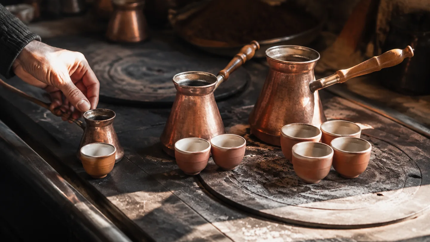 Three differently sized coffee pots sit beside the small cups each one is meant to serve.