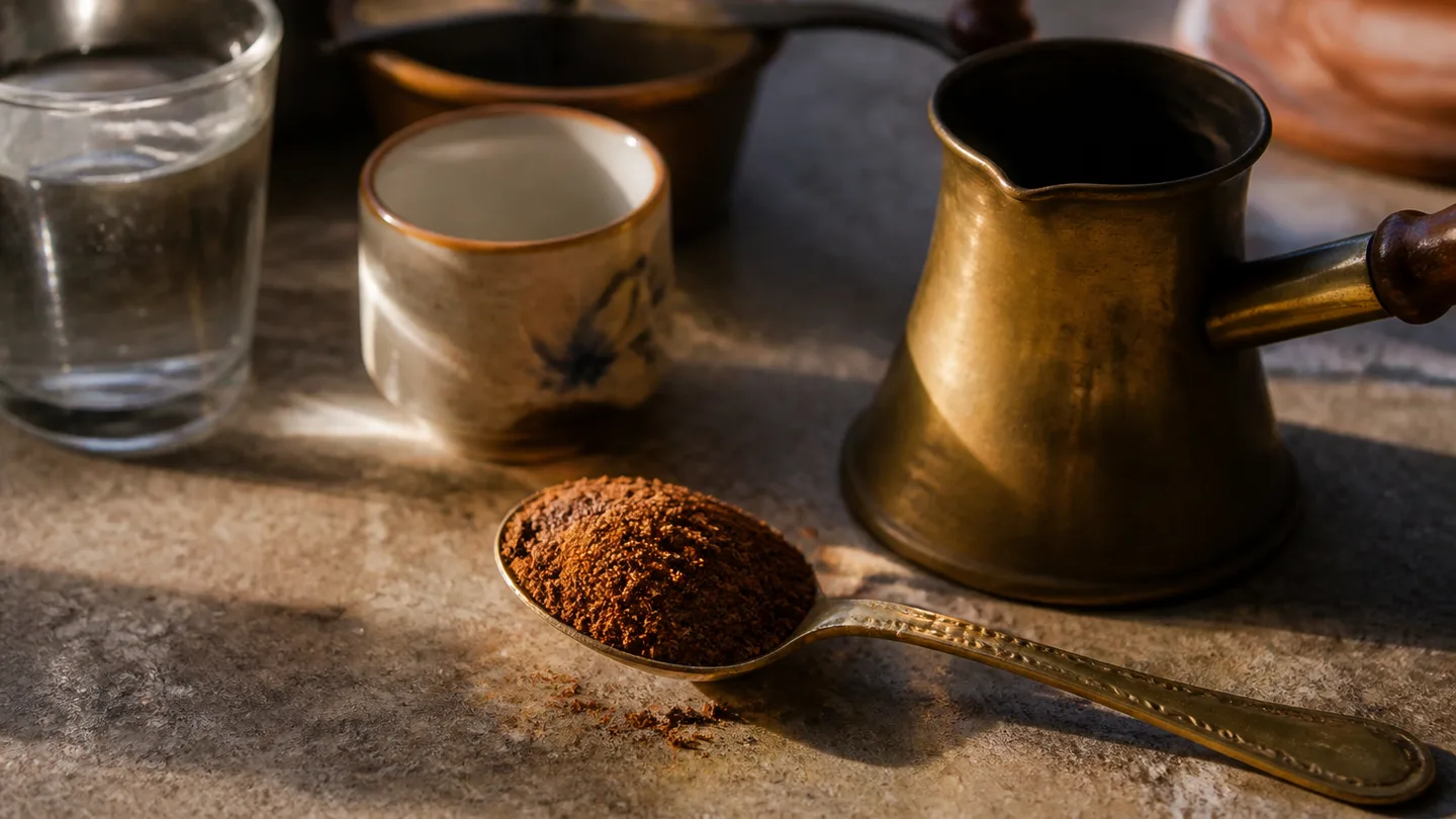 A brass cezve and measured mound of fine coffee show the small setup needed for this brewing method.