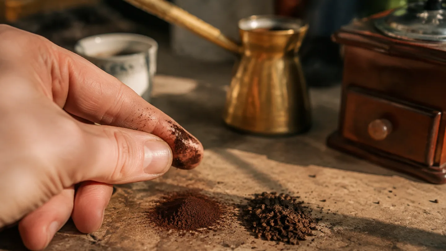 Fingertips rub fine grounds beside coarser grounds, showing the texture needed for this brew.