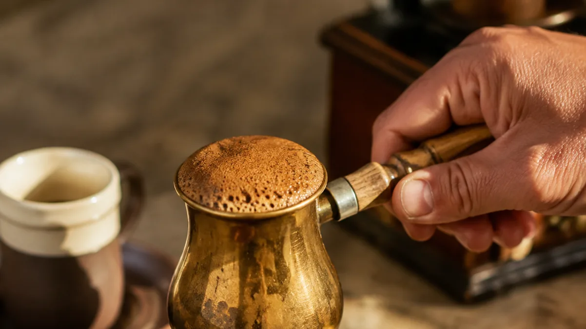 A hand lifts the cezve as foam swells, capturing the moment just before the coffee boils.