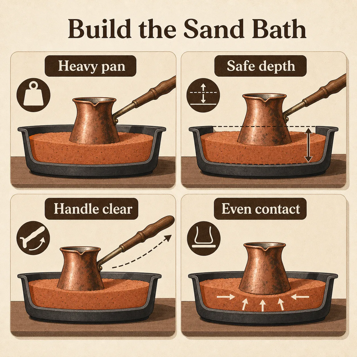 A labeled sand-bath diagram shows a stable pan, safe cezve depth, clear handle space, and even sand contact.