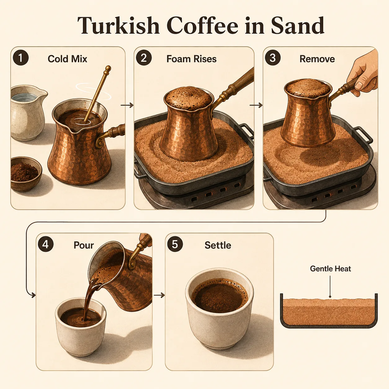 A five-step diagram shows a copper pot in sand moving from cold mixing to foam rise, pouring, and settling.