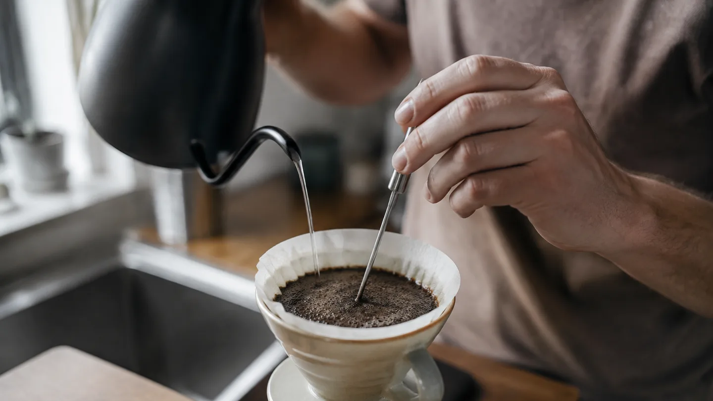 A probe thermometer measures the wet coffee bed as hot water pours from a nearby gooseneck kettle.