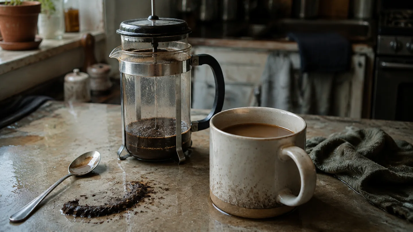 A used French press sits beside a cloudy, sediment-rich cup, showing the muddy trade-off behind its simple brew.