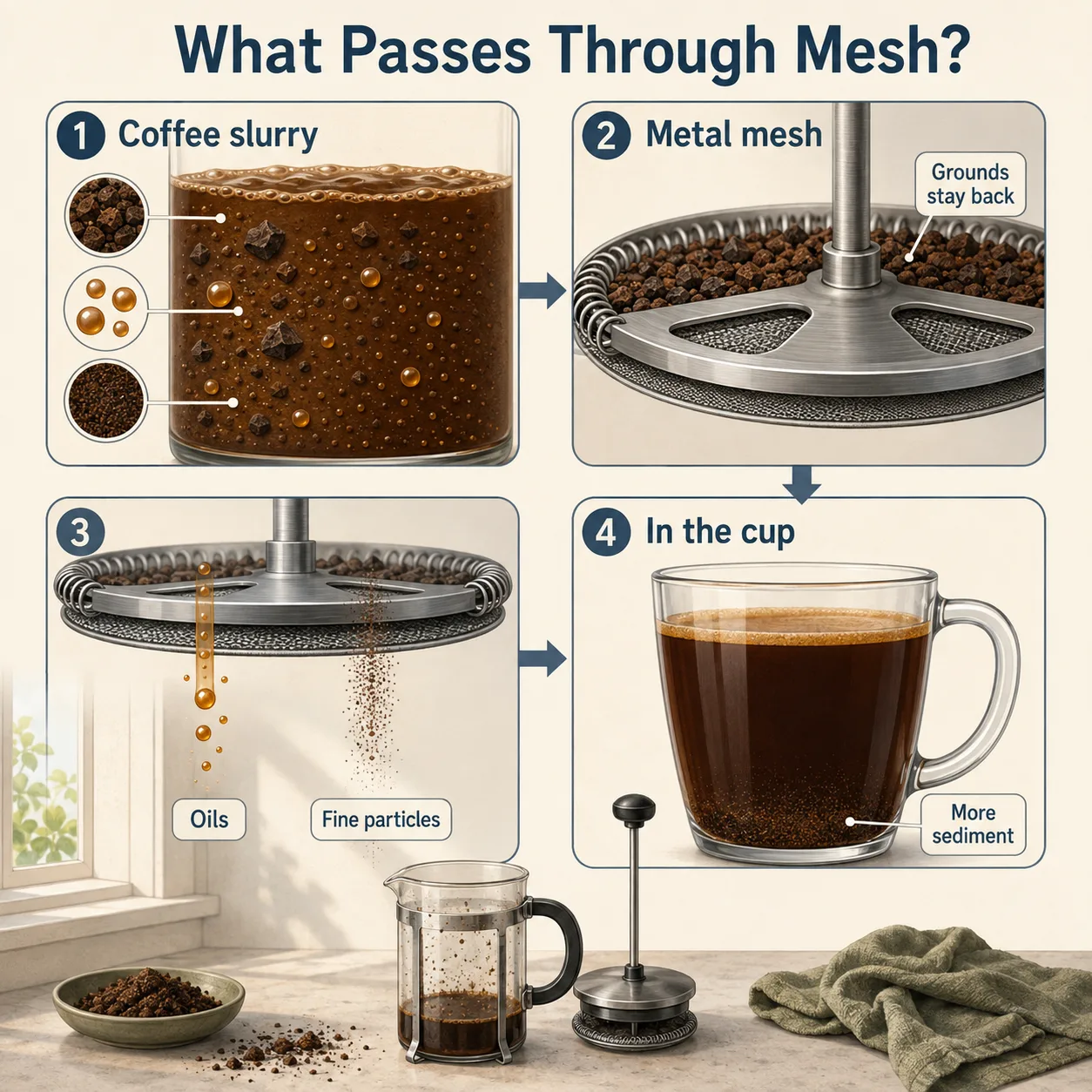 Oil droplets and fine specks enter the drink while larger coffee grounds remain above the metal screen.