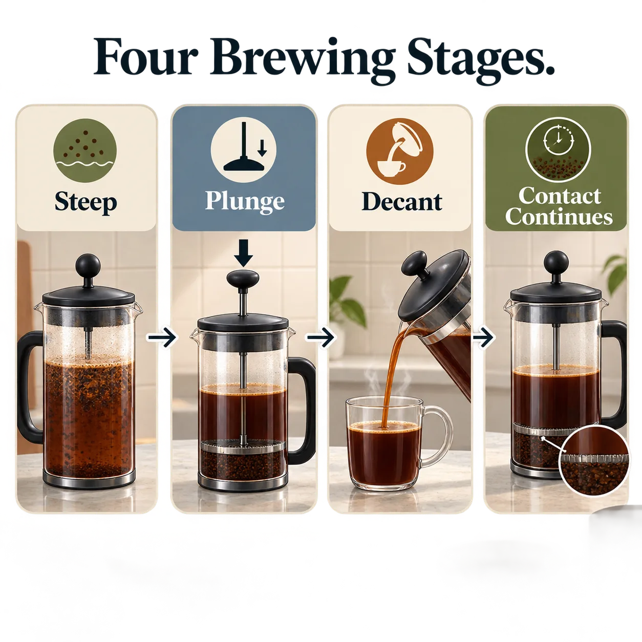 A four-step French press workflow shows that coffee can keep extracting after the plunge.
