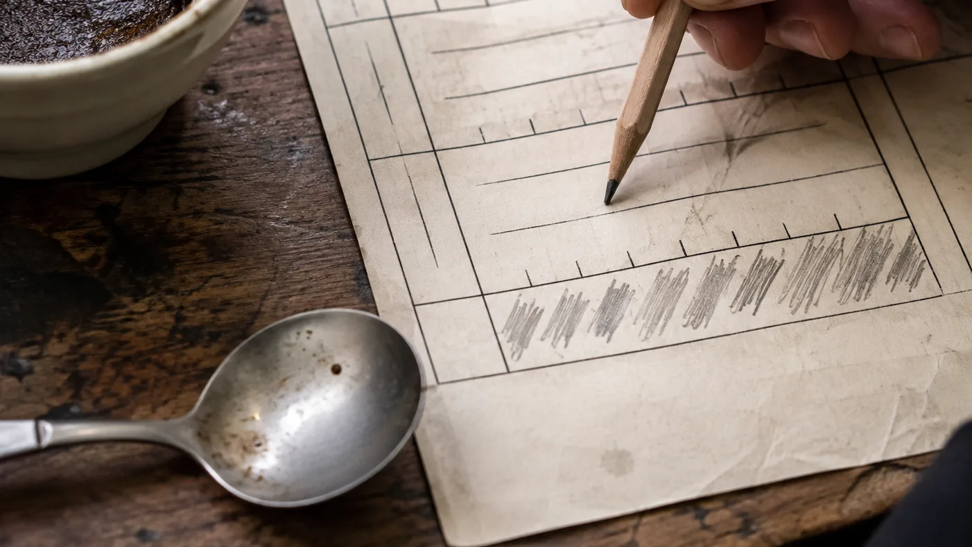 A taster’s hand moves a pencil from aroma notes toward the final score on a coffee cupping form.