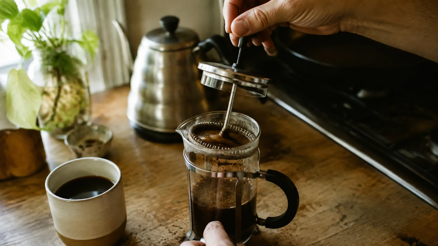 A glass French press and dark coffee cup sit together, showing the drink’s rich, textured character.