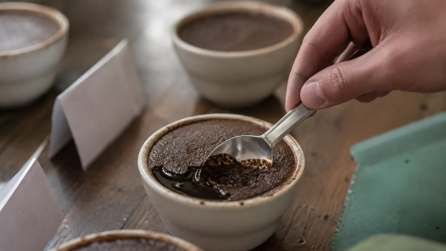 A hand breaks the crust on a coffee bowl to release aroma for tasting.