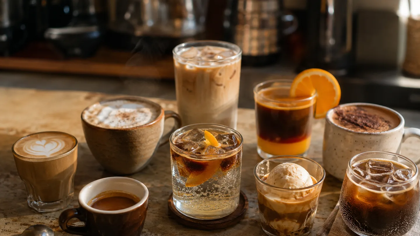 Nine varied espresso drinks sit on a worn home coffee bar, showing how different mixers change each cup.