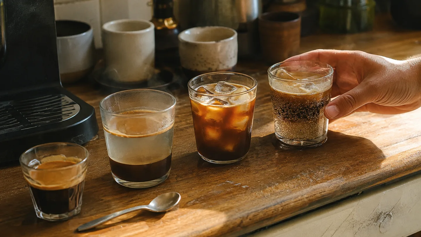 Three glasses show espresso paired with hot water, ice water, and tonic on a worn home coffee bar.