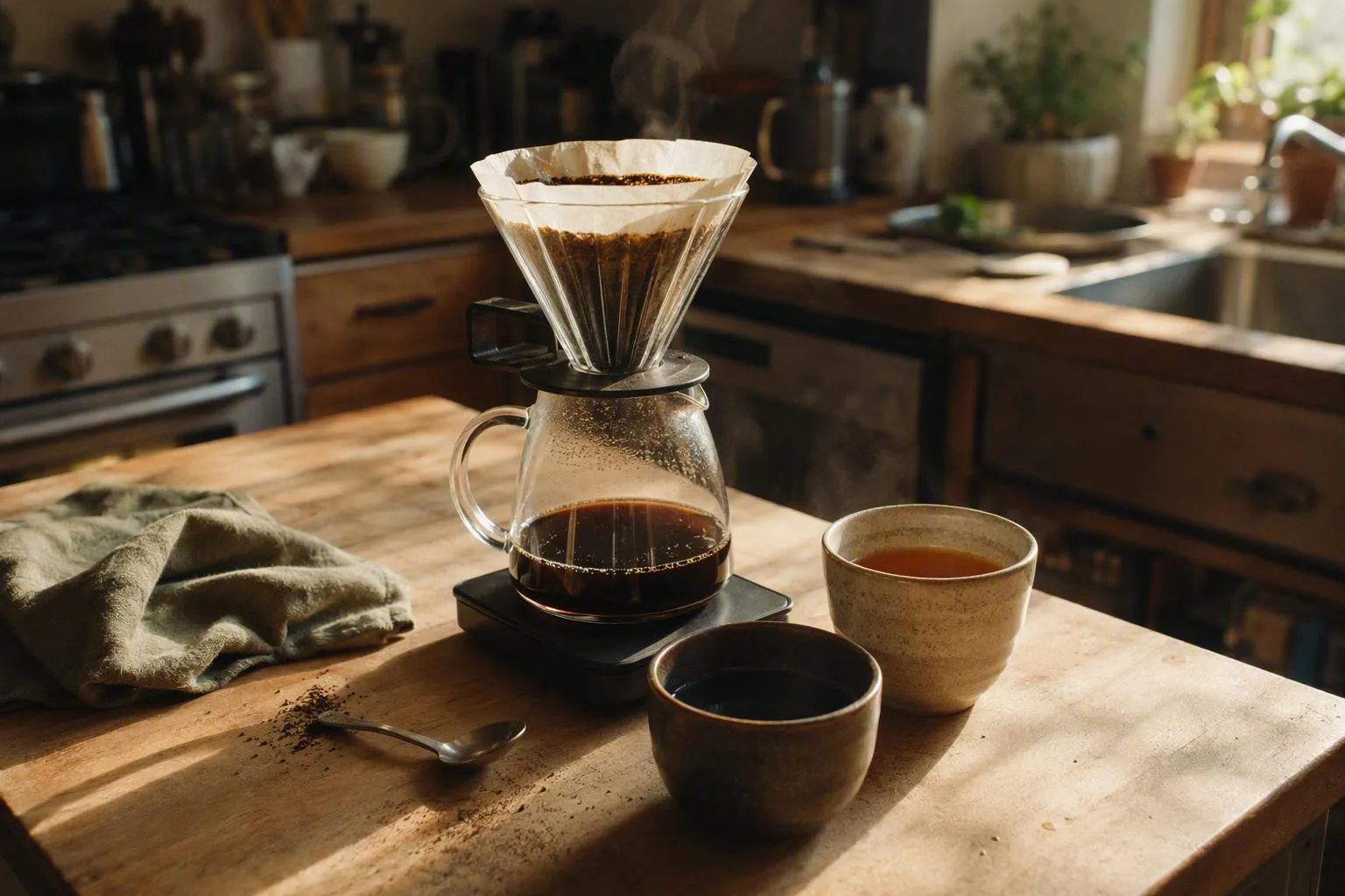 A brewer and 20-gram coffee dose sit between two cups used to compare harsh and clean flavors.