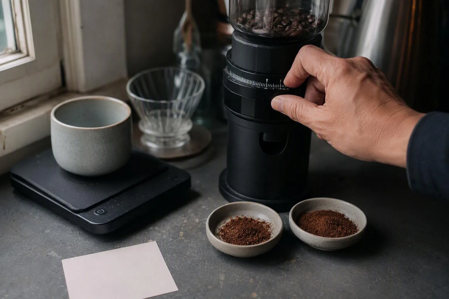 A hand makes a small grinder adjustment beside samples showing normal fine grounds and excess powdery fines.