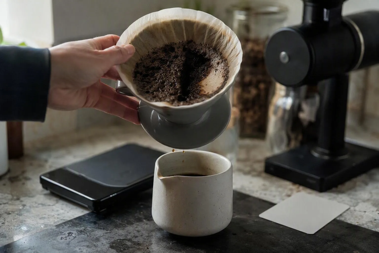 A lifted dripper reveals a dark channel beside a pale dry pocket in the coffee bed, showing uneven extraction.